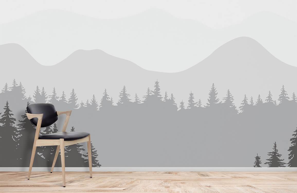 Tranquil Grey Mountain Forest Mural Wallpaper, wooden flooring, black modern chair in stylish living room.