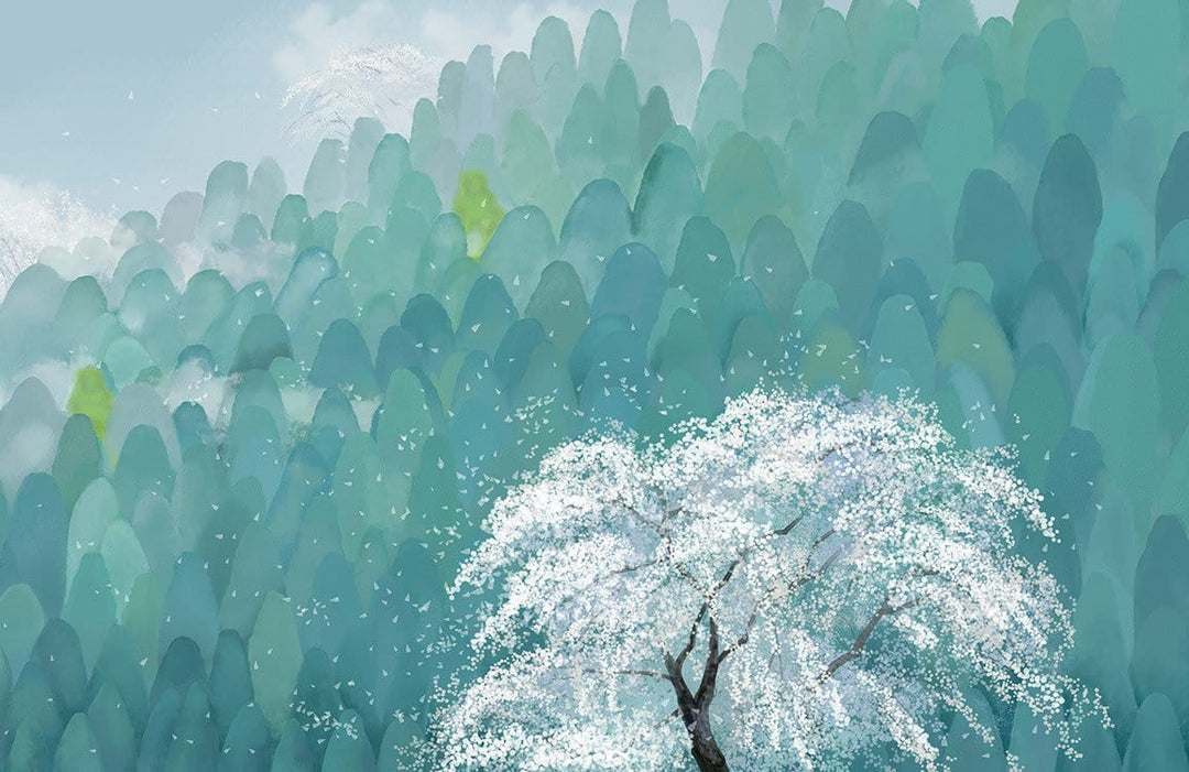 Tranquil Green Mountain Bliss Mural Wallpaper with Elegant White Blossom Tree