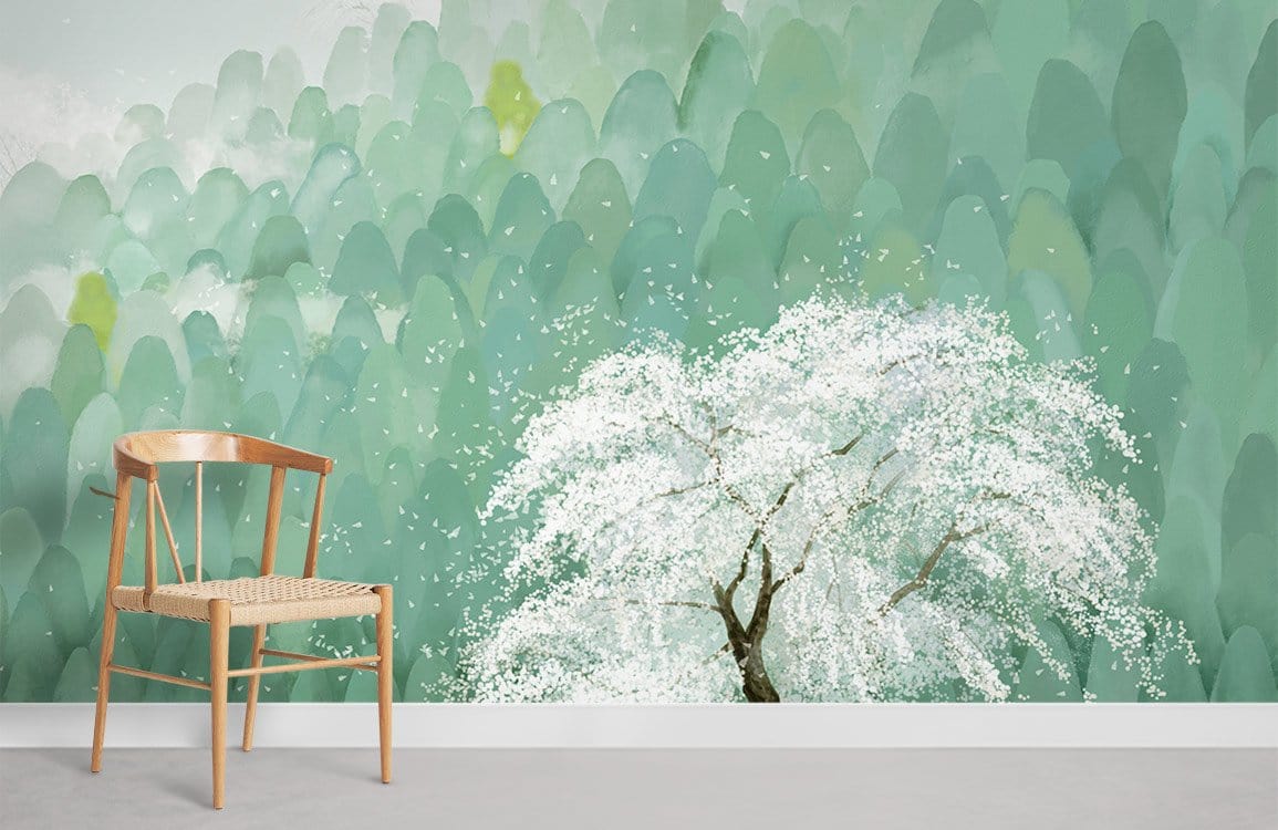 Mural with blossoming tree, minimalist wooden chair, light grey flooring, green hues, serene forest theme.
