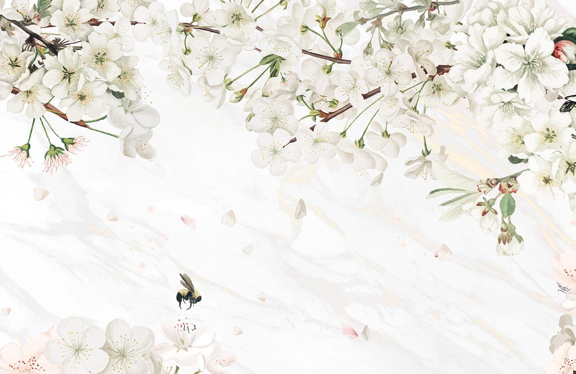 Elegant Blossom Haven: White Floral Mural Wallpaper for Tranquil Interiors