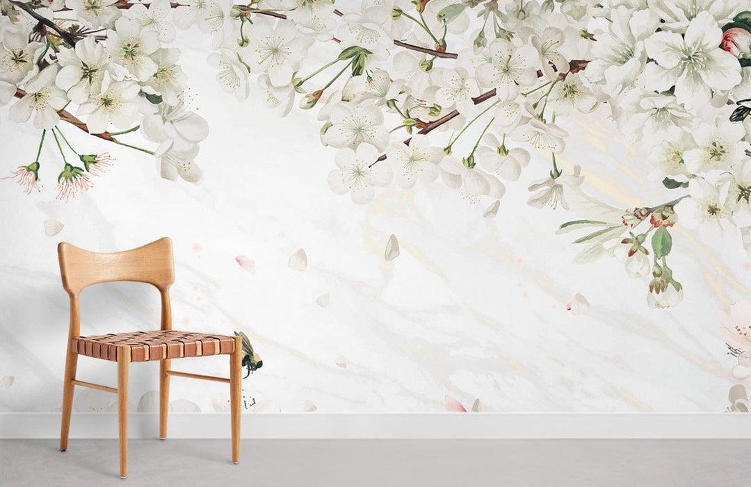 Elegant white floral mural wallpaper with wooden chair; perfect for tranquil interiors with light flooring.