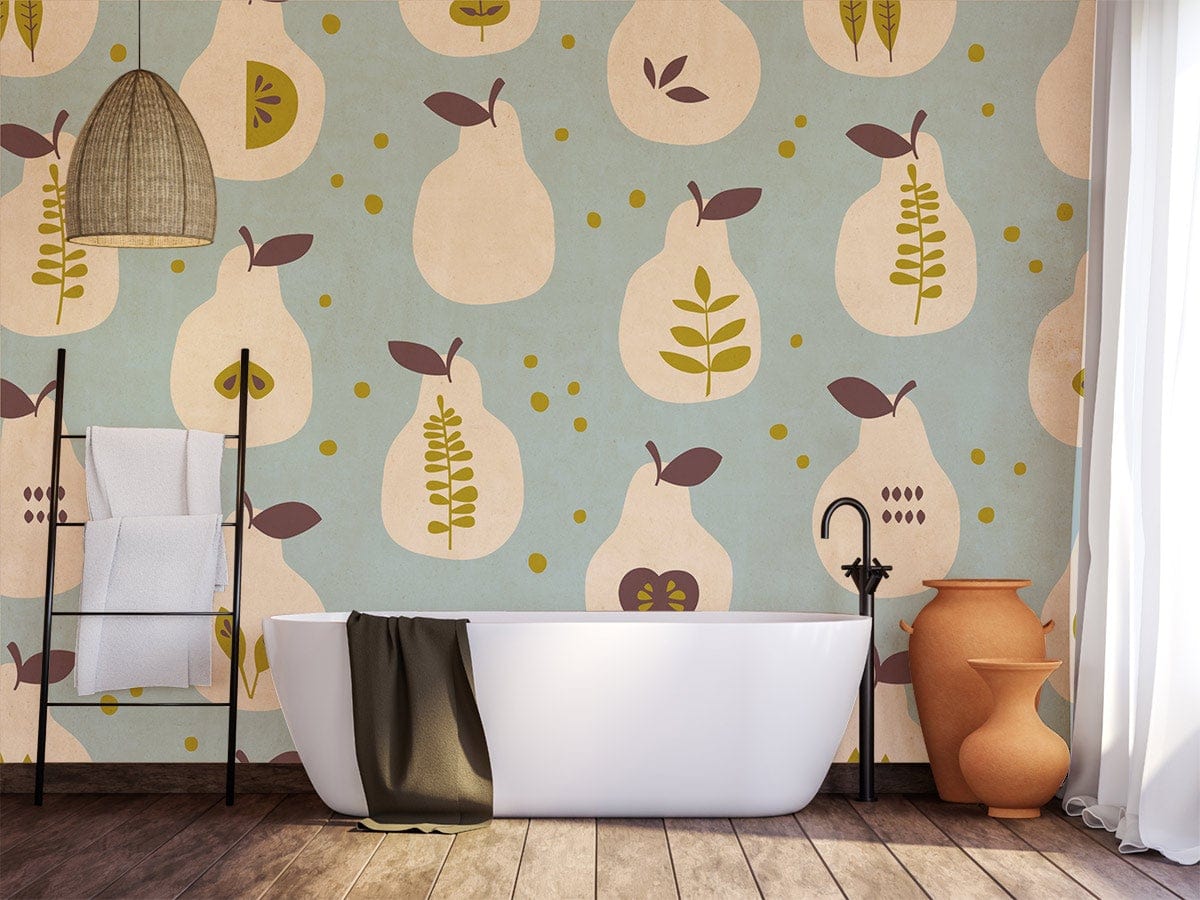 Retro Pear Patterned Wallpaper with Blue Background, freestanding bathtub, rustic wooden flooring, bathroom interior.
