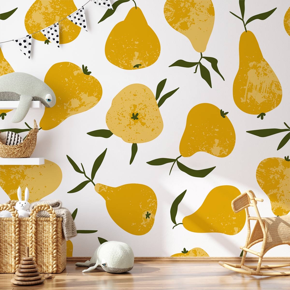 Vintage yellow pear wallpaper in cosy nursery, wooden floor, wicker basket, and cute plush toys.