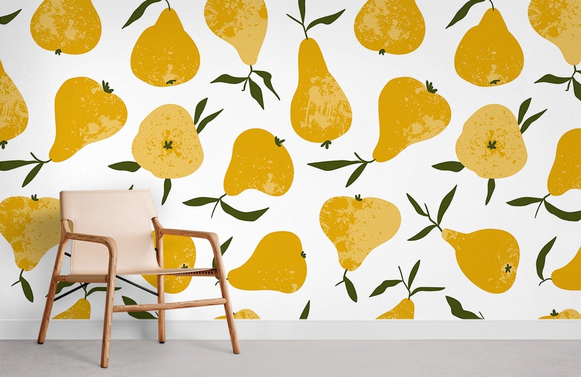 Vintage yellow pear wallpaper in cosy room with wooden chair, white wall, grey floor, rustic charm.