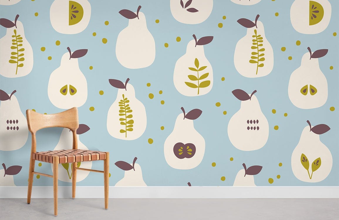 Retro pear wallpaper with blue background, wooden chair, modern interior, light grey flooring included.