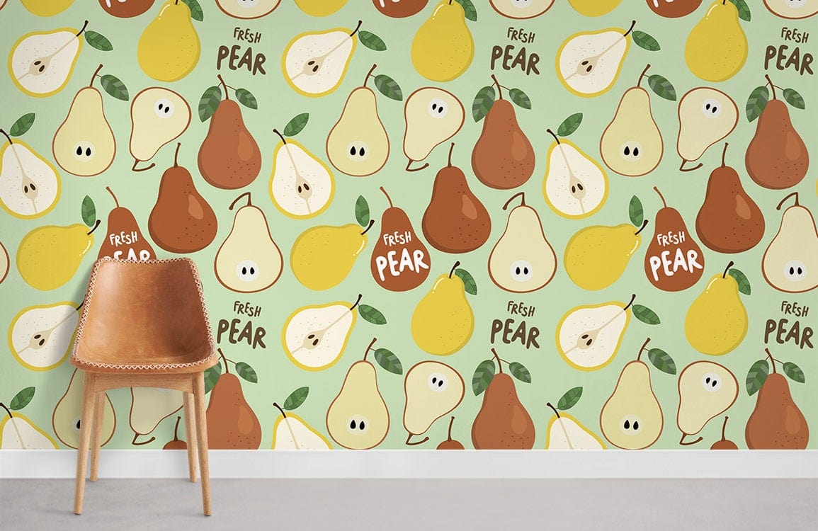 Retro pear pattern wallpaper in fresh green, yellow, and brown, with retro brown chair on carpet.