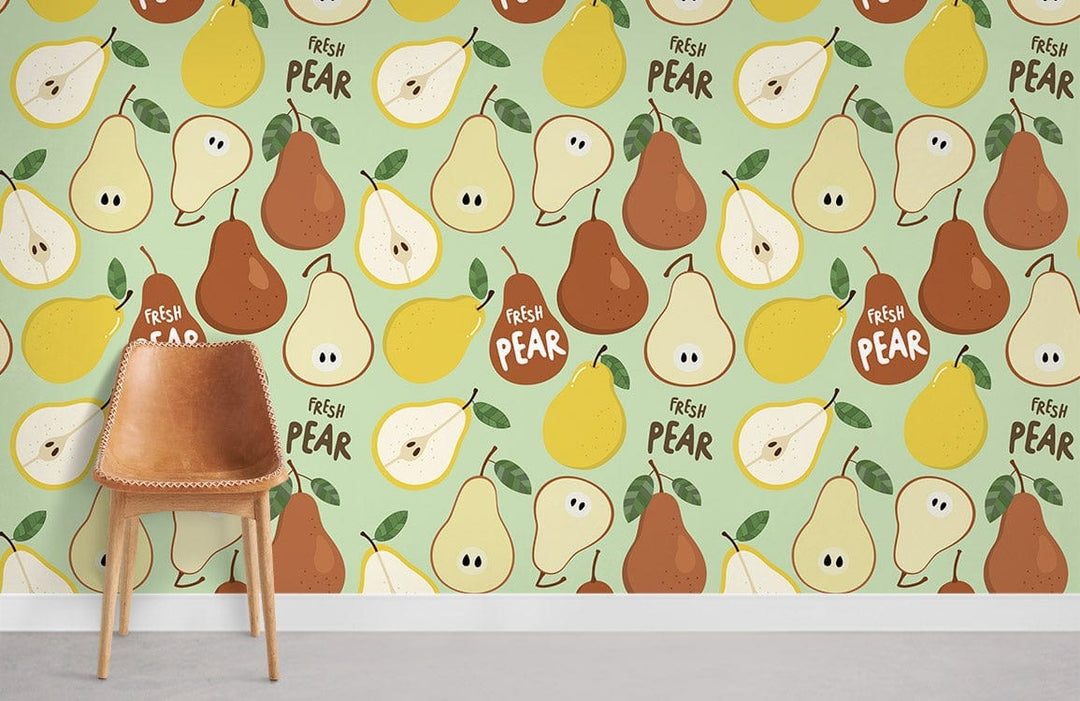 Retro pear pattern wallpaper in fresh green, yellow, and brown, with retro brown chair on carpet.