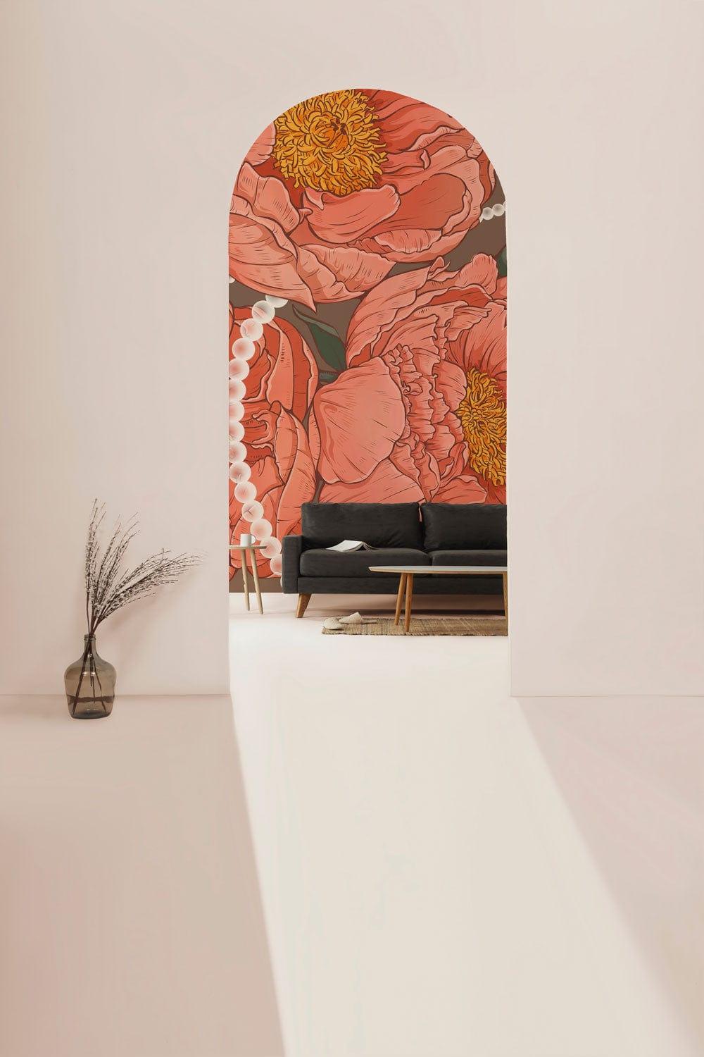 Elegant Coral Peony mural wallpaper with black sofa, archway, white walls, minimalist decor, modern living room.