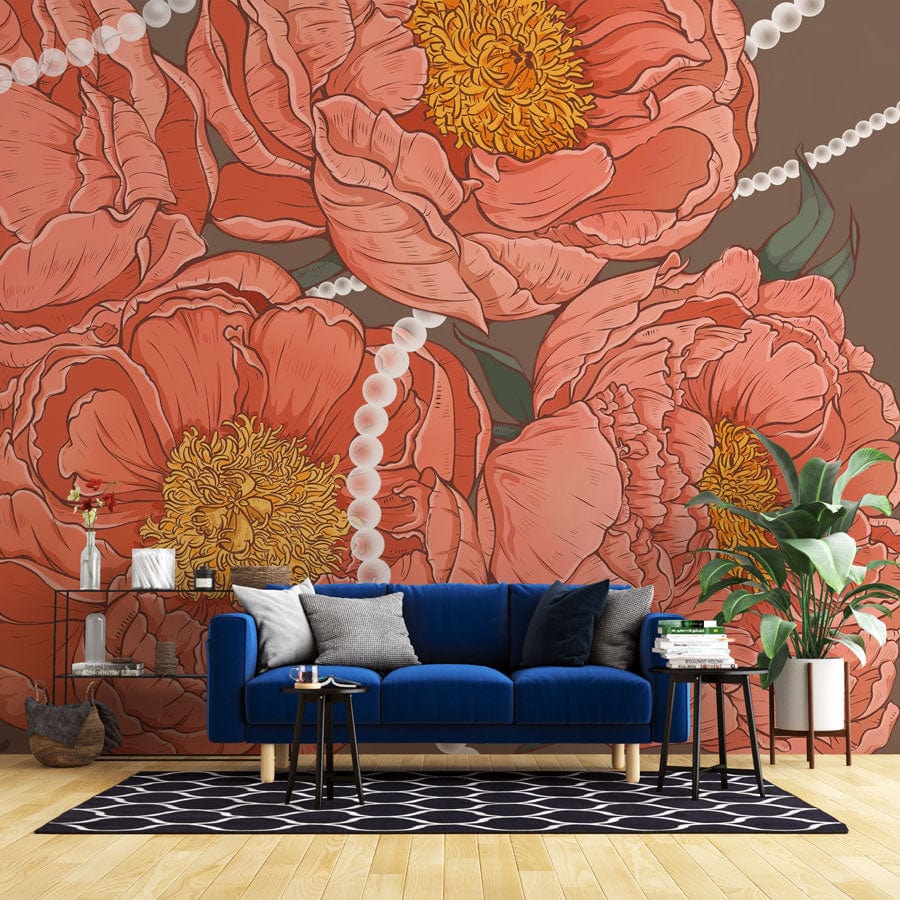 Elegant Coral Peony Floral Wallpaper, vibrant mural in stylish lounge, blue sofa, modern decor.