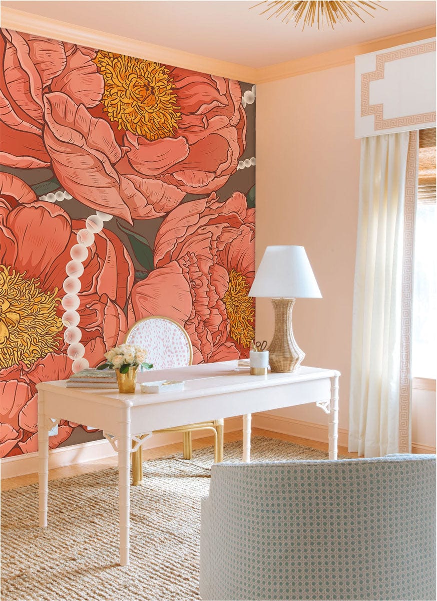Elegant Coral Peony and Pearl Mural Wallpaper in stylish home office with cream desk and blue chair.
