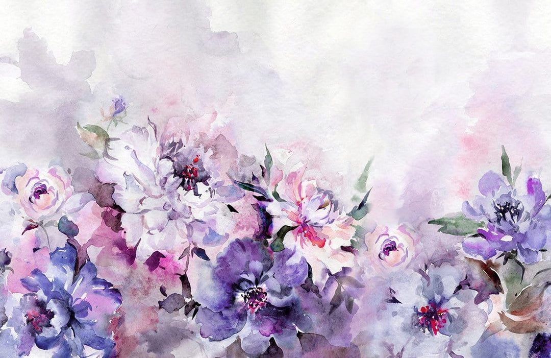 Elegant Watercolour Floral Mural Wallpaper in Soft Lavender and Pink Hues
