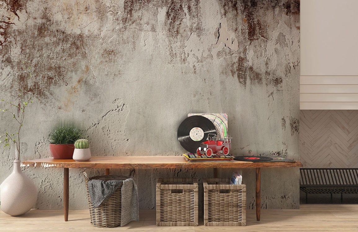Rustic Industrial Aged Plaster Mural, wooden table, wicker baskets, vinyl records, textured wall design.