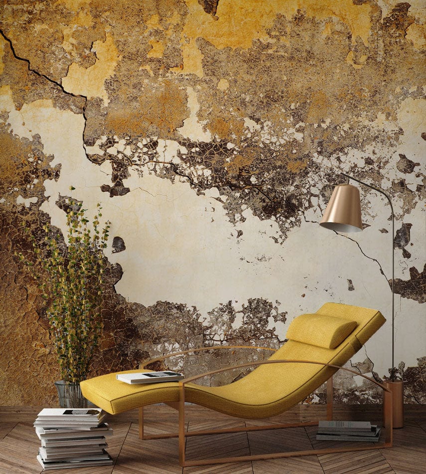 Rustic industrial mural wallpaper with yellow chaise, textured wood flooring, and modern floor lamp.