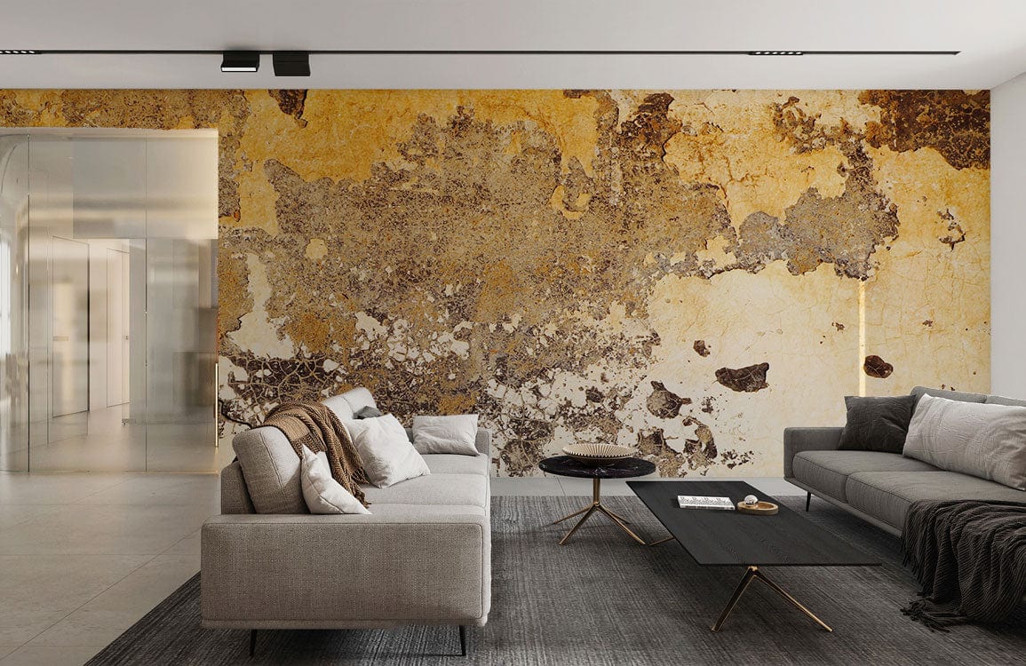 Rustic mural wallpaper with aged patina, grey sofas, modern coffee tables, in chic living room.
