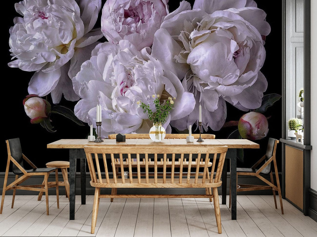 Elegant white peony floral wallpaper mural with wooden dining set, black accents, and light flooring.