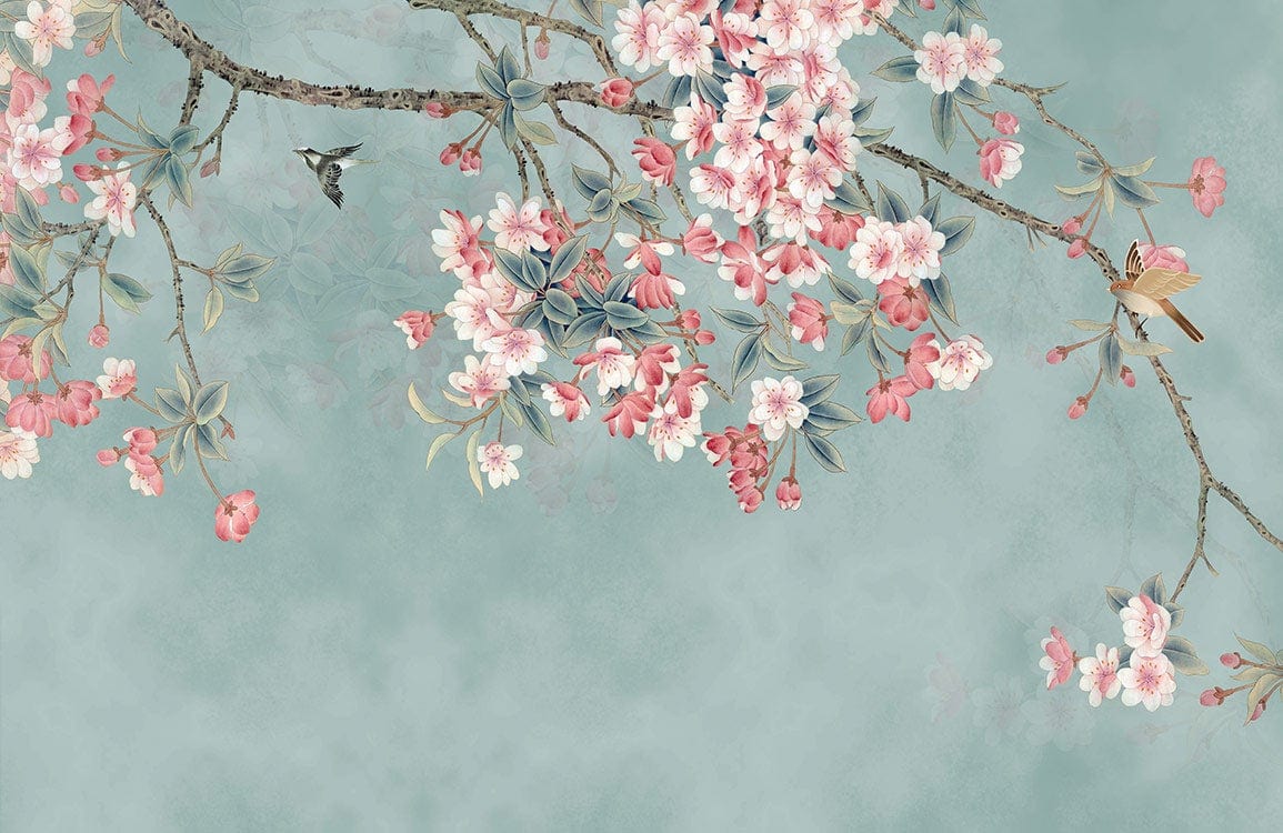 Blossoming Cherry Tree Mural Wallpaper in Pastel Blue and Pink Elegance