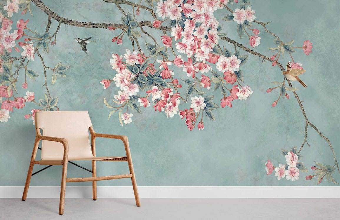 Blossoming Cherry Tree Mural Wallpaper with beige chair, pastel blue and pink elegance, modern Décor.