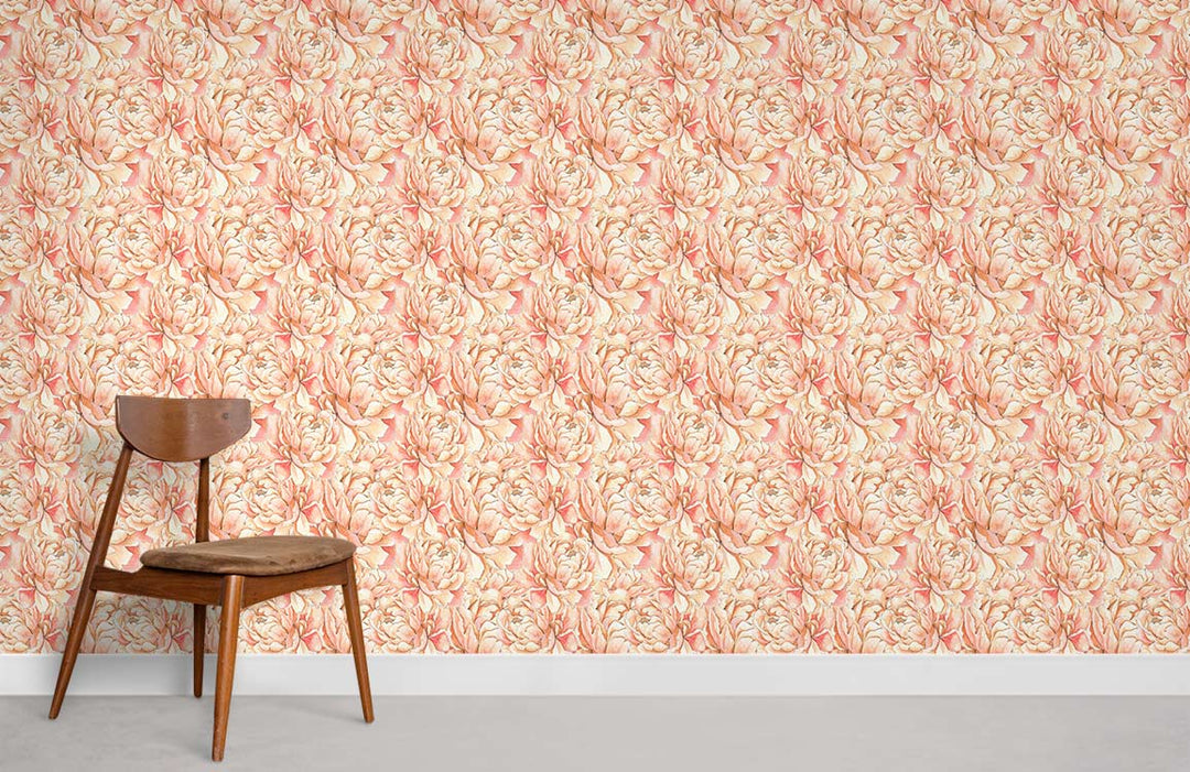 Elegant floral wallpaper in soft pink, cream tones with mid-century modern chair, concrete flooring.