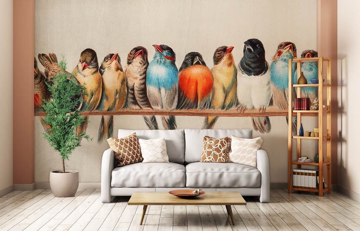 Colourful Vintage Bird Pattern Wallpaper with grey sofa, wooden flooring, indoor plant, and modern decor.
