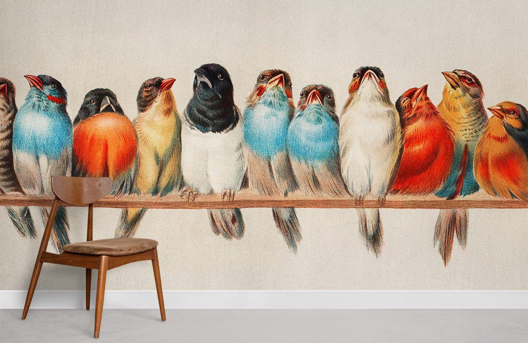Colourful Vintage Bird Pattern Wallpaper Mural, wooden chair, cream wall, modern decor, retro style.