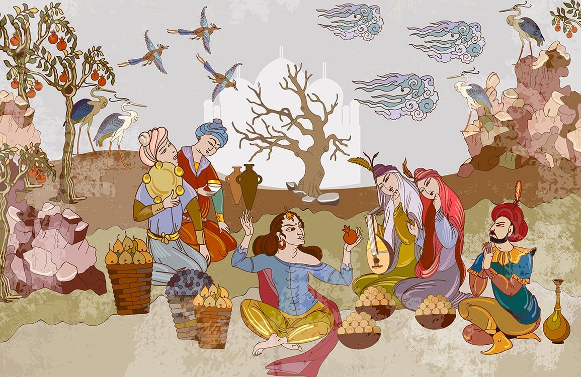 Enchanting Persian-Inspired Mural Wallpaper, Rich Earth Tones, Cultural Storytelling Design