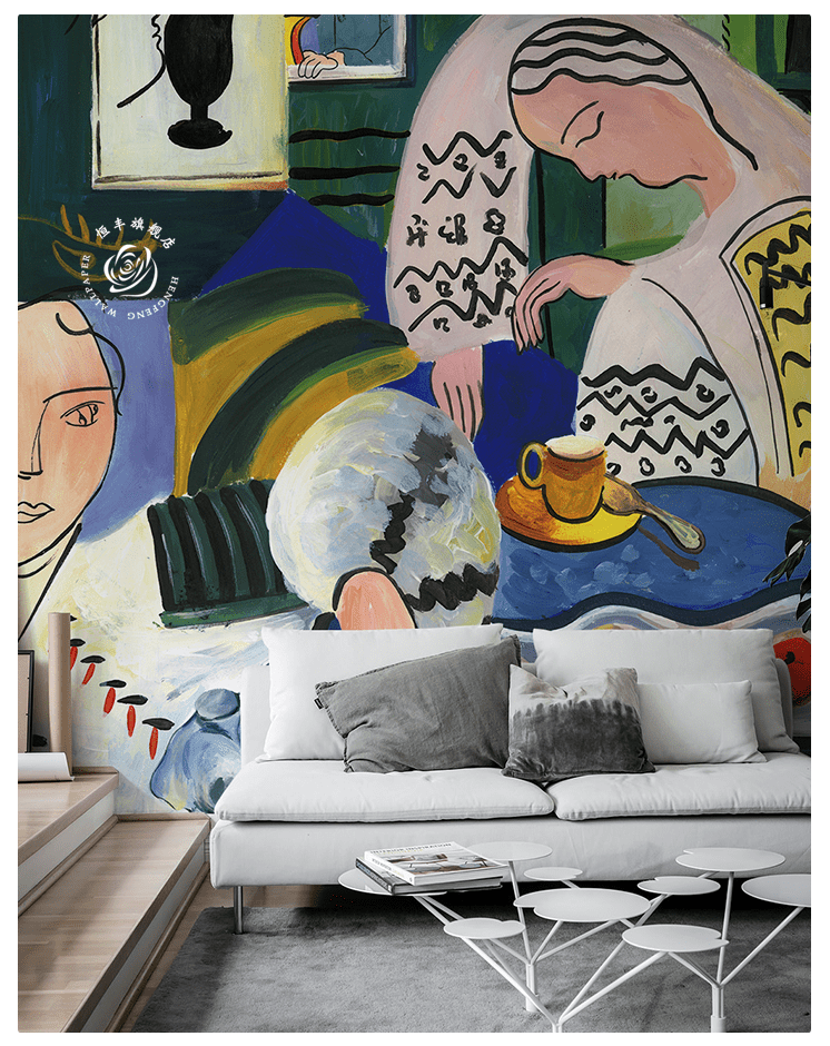 Artistic abstract mural wallpaper in bold colours, modern white sofa, contemporary light flooring, stylish room.