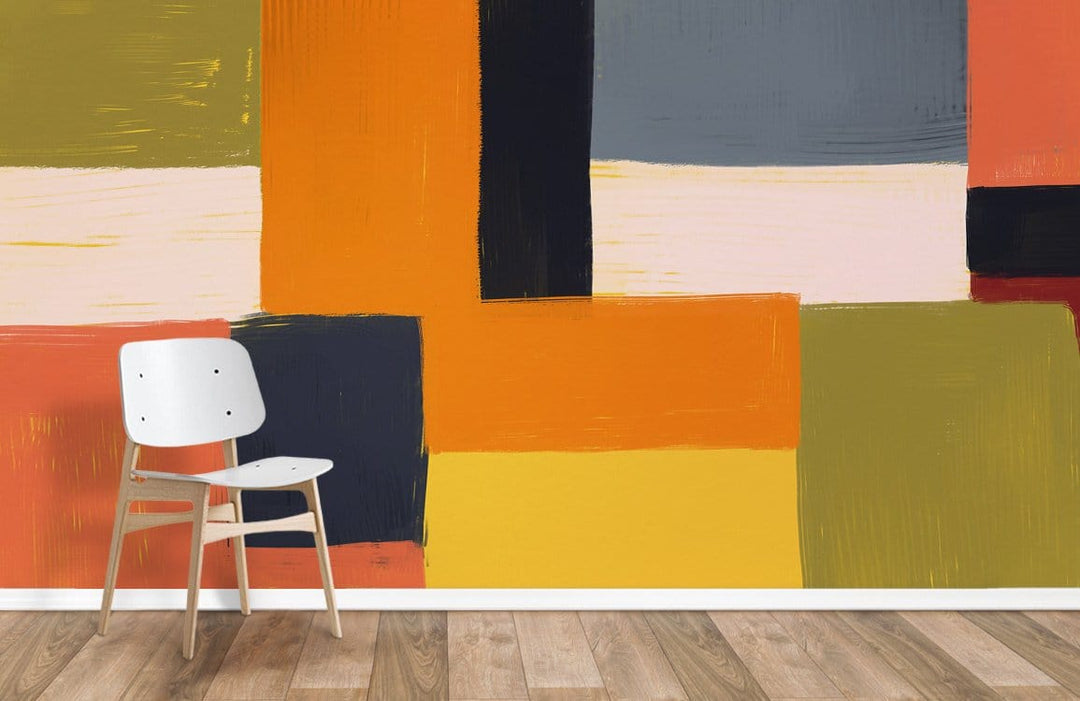 Geometric Abstract Colour Block Wallpaper, earthy tones, modern interiors, wood flooring, white chair.
