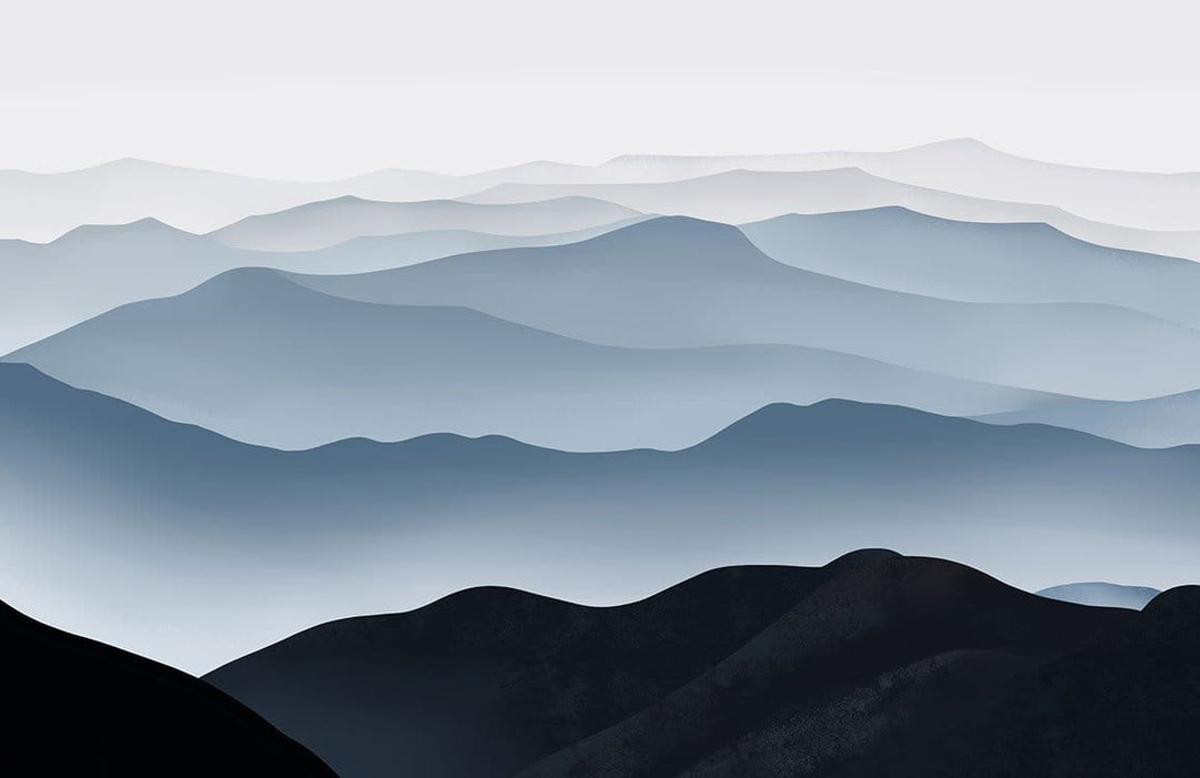 Serene Blue Grey Mountain Mist Art Landscape Mural Wallpaper Décor