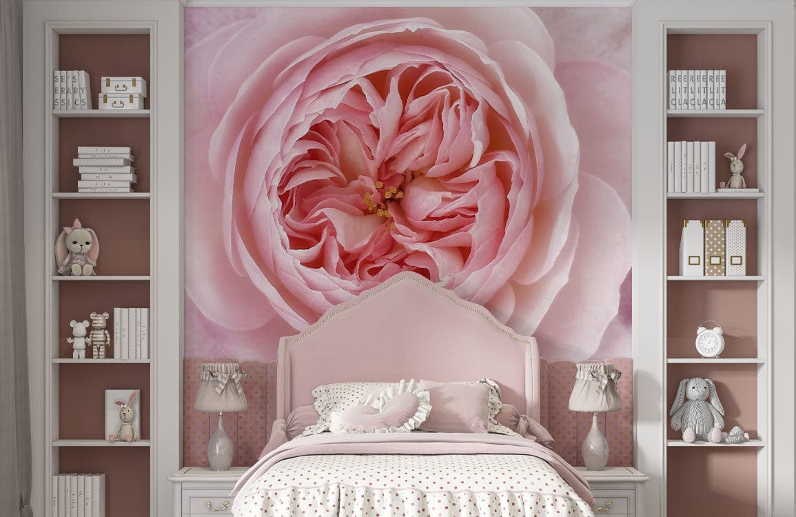 Elegant Blush Pink Floral Rose Mural in bedroom with white shelving, pink accents, and classic decor.