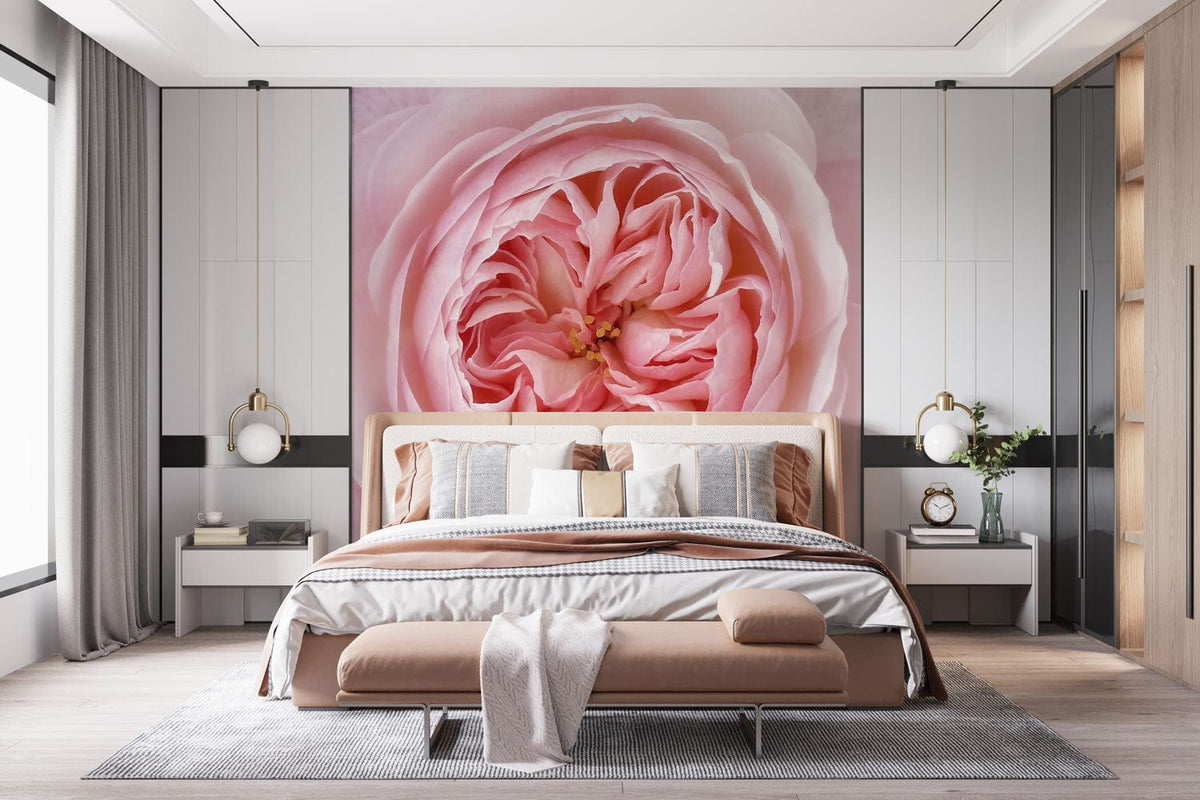 Elegant blush pink floral rose wall mural, chic interior bedroom with beige sofa, modern decor.