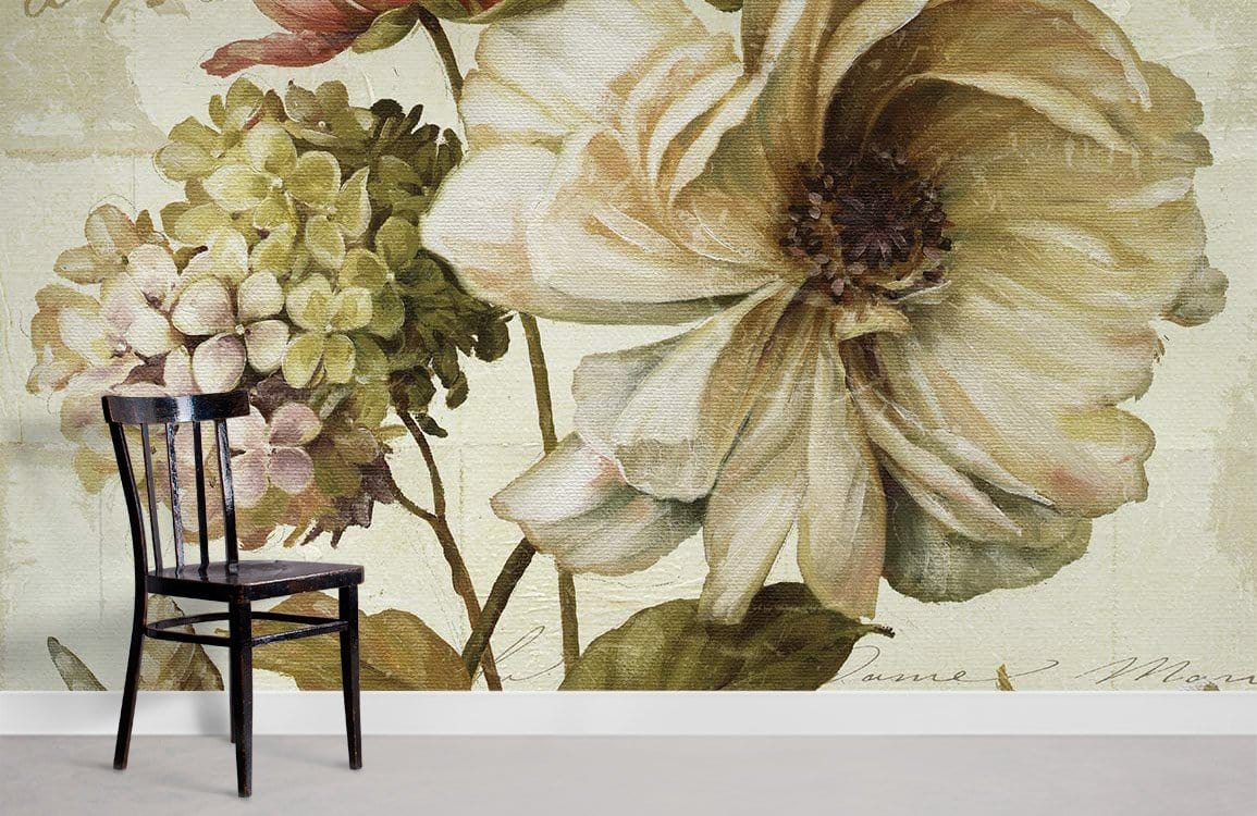Vintage botanical mural wallpaper with pastel hues, black chair, soft grey flooring, elegantly styled.
