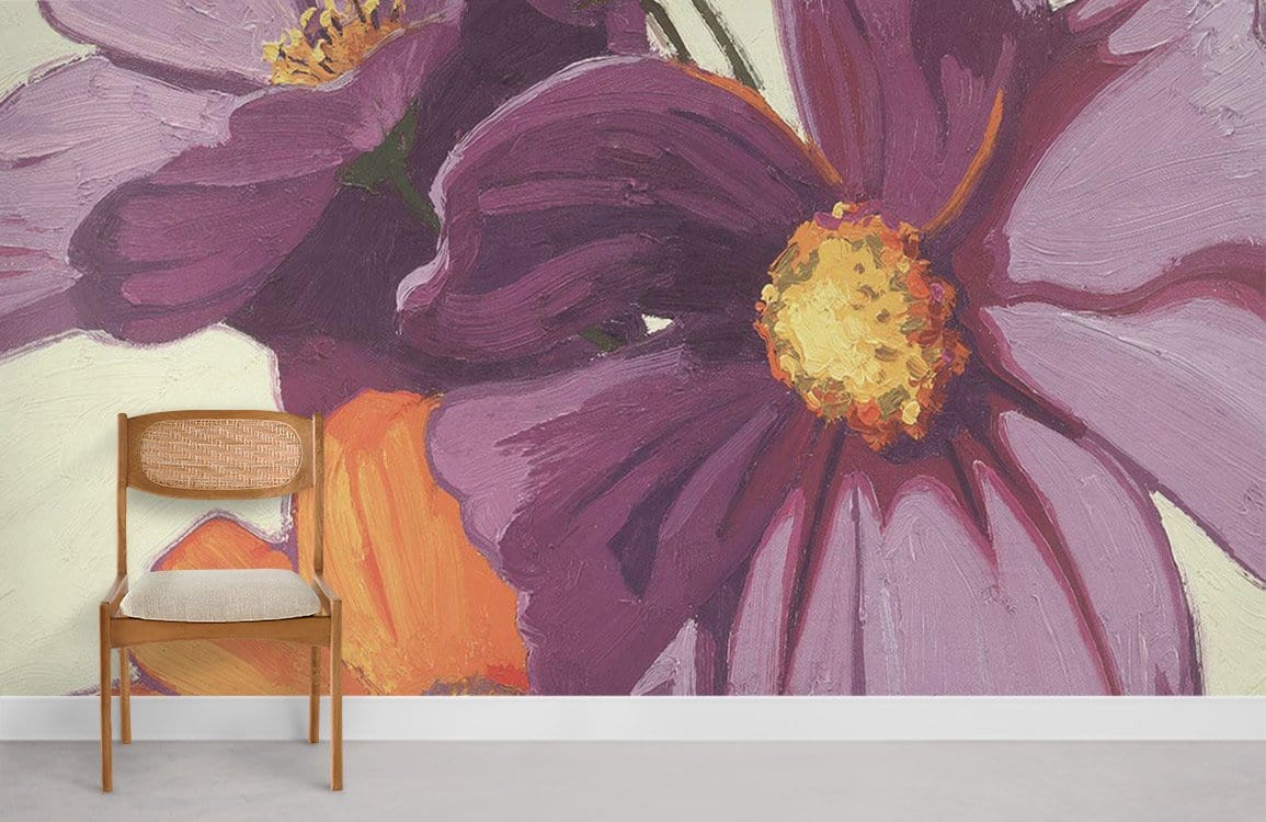 Vibrant floral mural wallpaper on cream wall, featuring purple and orange blooms, with wooden chair.