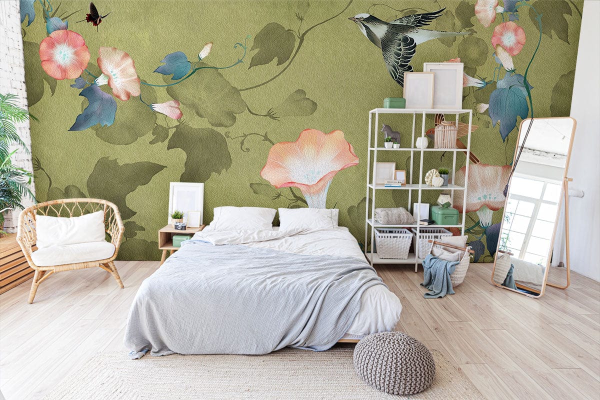 Elegant Olive Green Floral Bird Vintage Wallpaper in bedroom with white shelves and wooden chair.