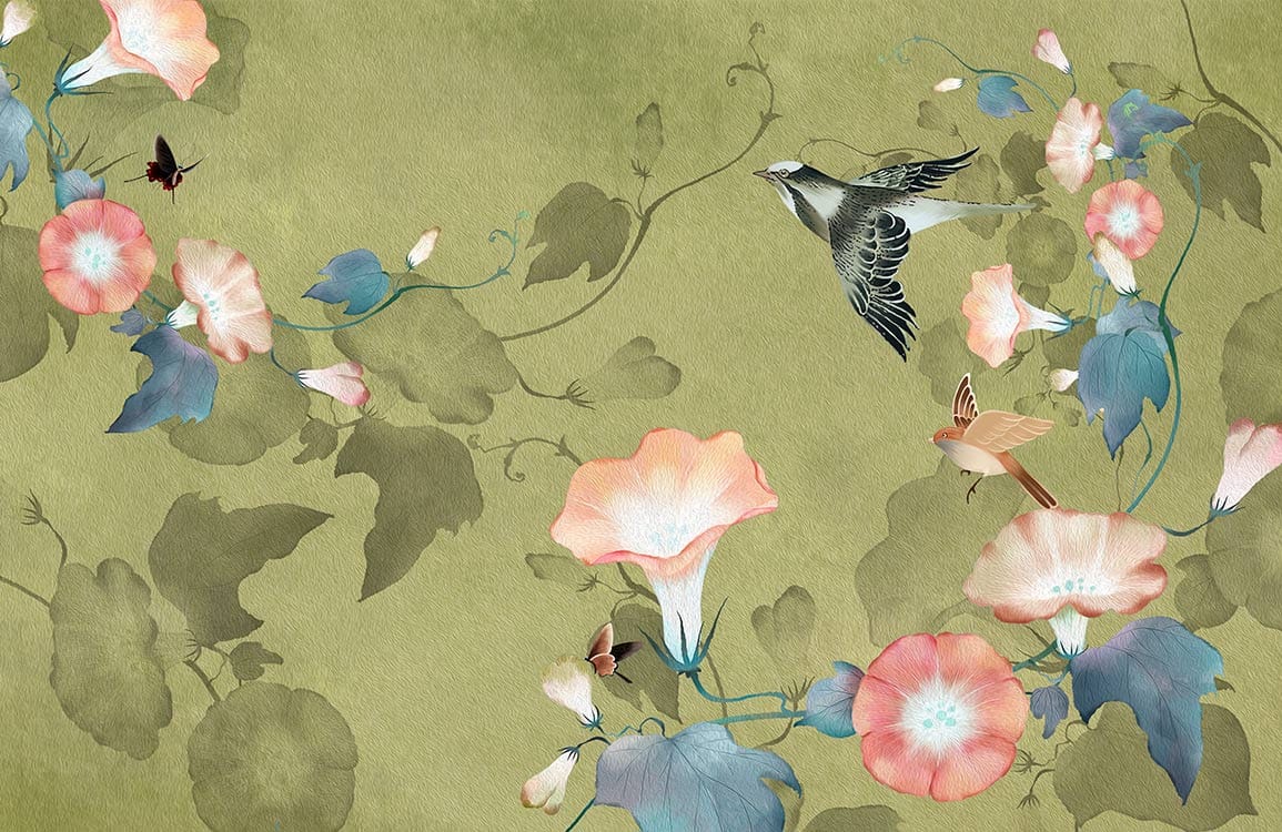 Elegant Olive Green Floral and Bird Vintage Mural Wallpaper for Home Decor.