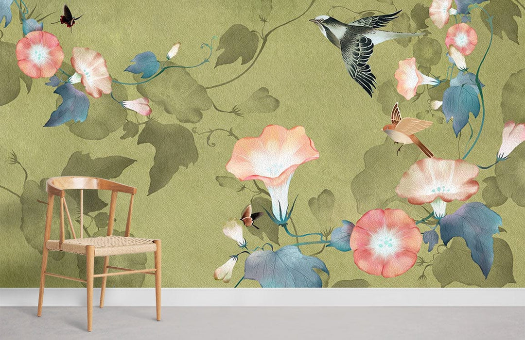Elegant Olive Green Vintage Mural Wallpaper with Floral and Bird Design, Wooden Chair, Home Decor.