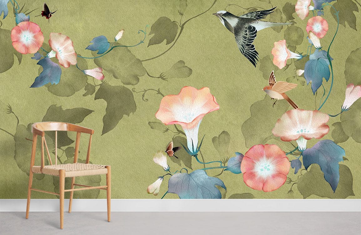 Elegant Olive Green Vintage Mural Wallpaper with Floral and Bird Design, Wooden Chair, Home Decor.