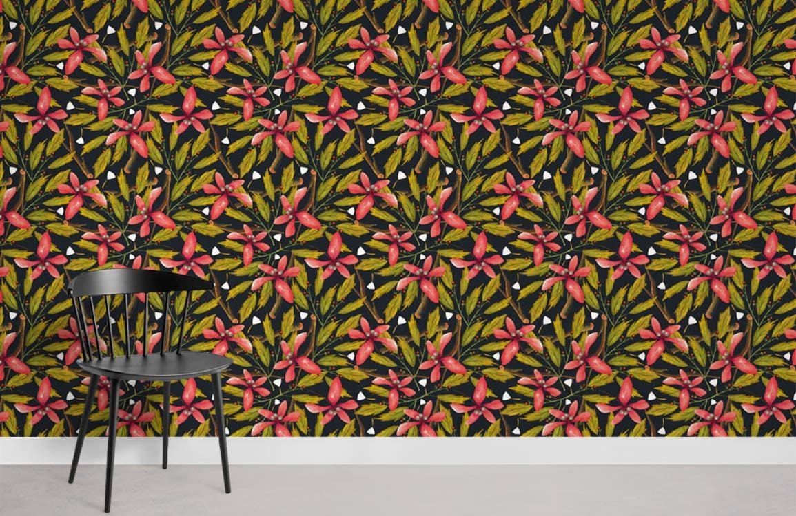 Vibrant tropical floral pattern wallpaper in green and pink, black chair, minimalist room, grey floor.