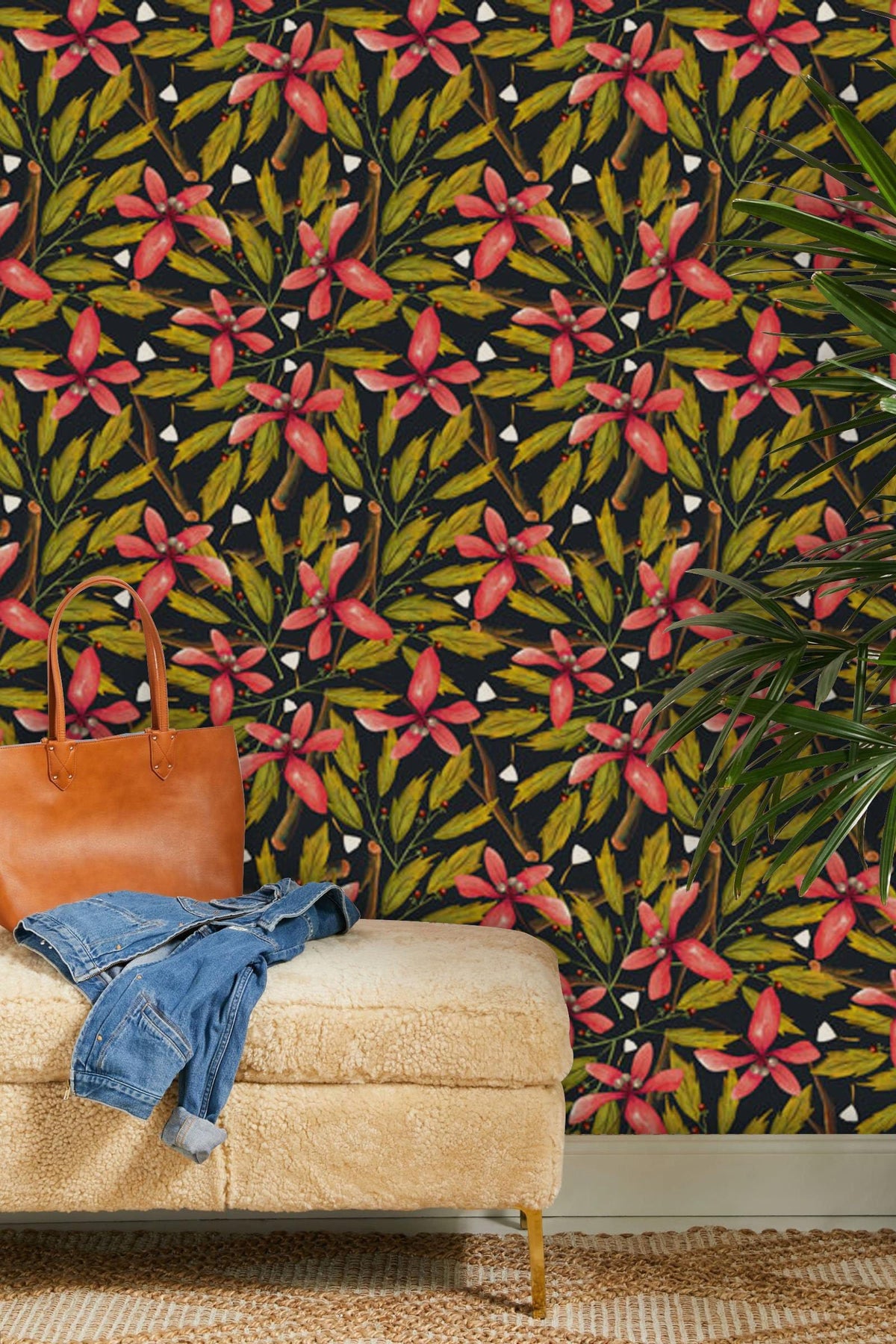 Vibrant Tropical Floral Wallpaper, lush green, pink. Cream sofa, tropical room decor, woven flooring.