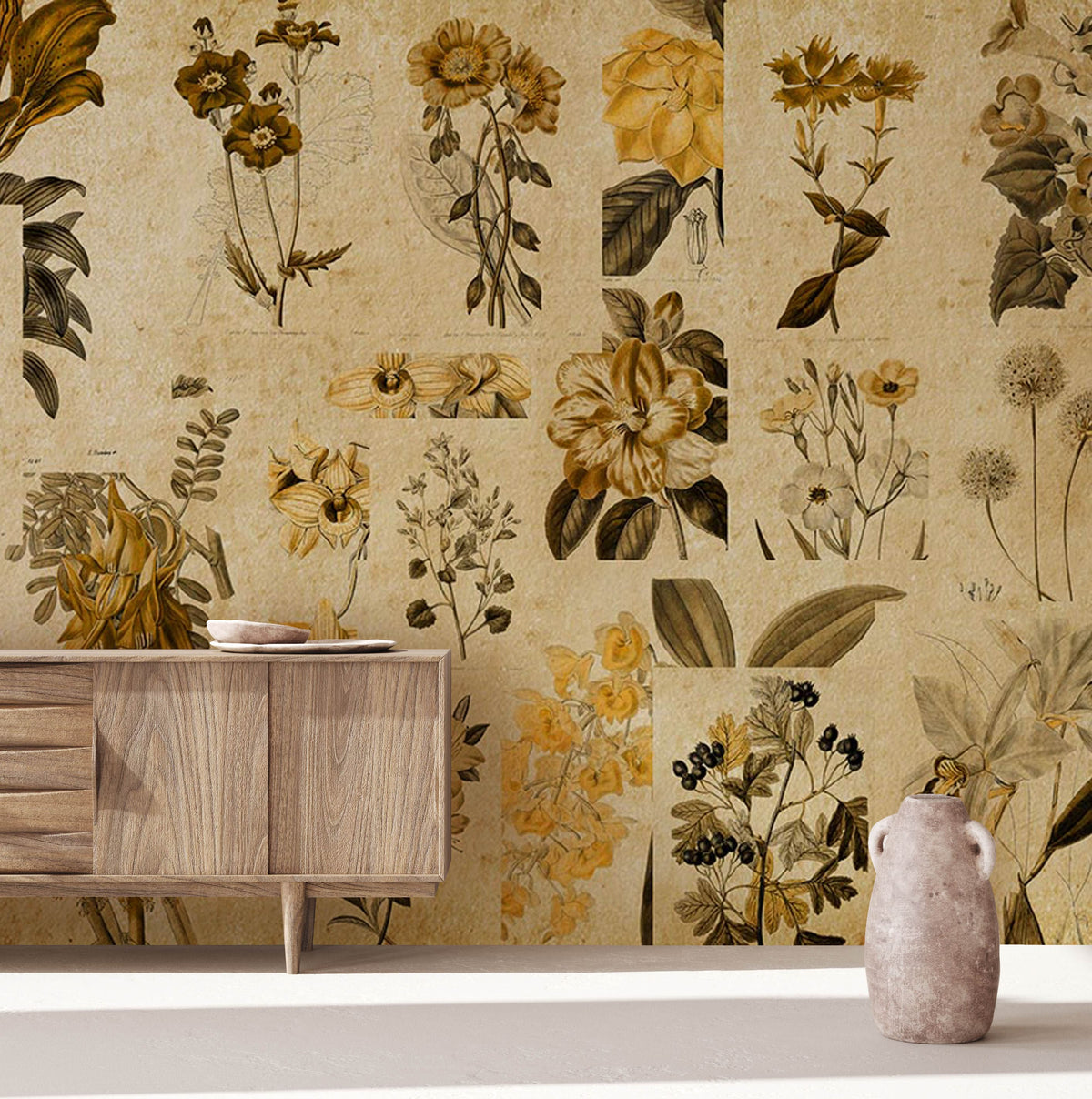 Vintage floral mural wallpaper in golden sepia tones, mid-century sideboard, minimalist decor vase.