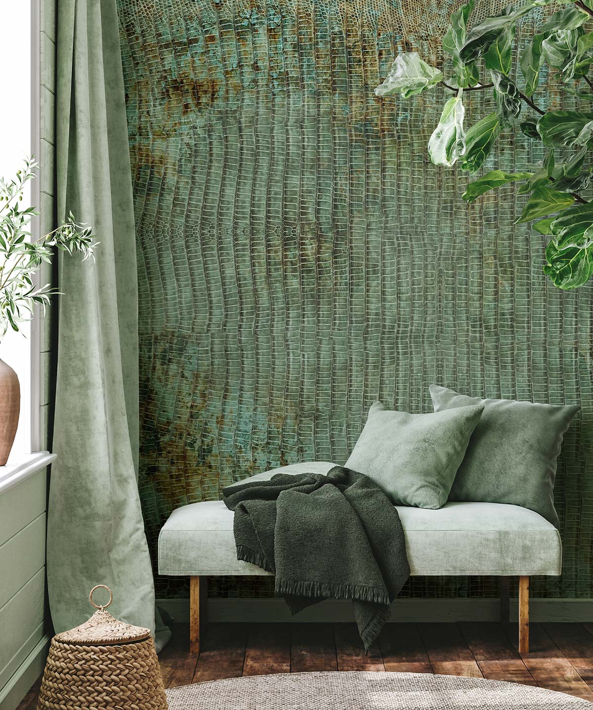 Elegant rustic teal brown textured wallpaper, sage green velvet sofa, wooden floor, elegant interior Décor.