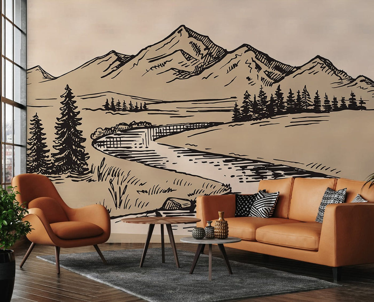 Tranquil mountain mural wallpaper, brown leather sofa, modern rug, living room, scenic wall art.