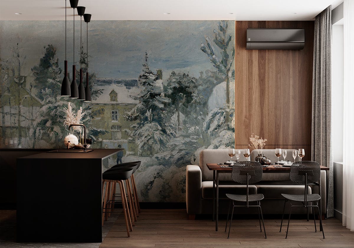 Winter Wonderland Snowy Mural Wallpaper in dining room with grey sofa, wood flooring, pendant lighting.
