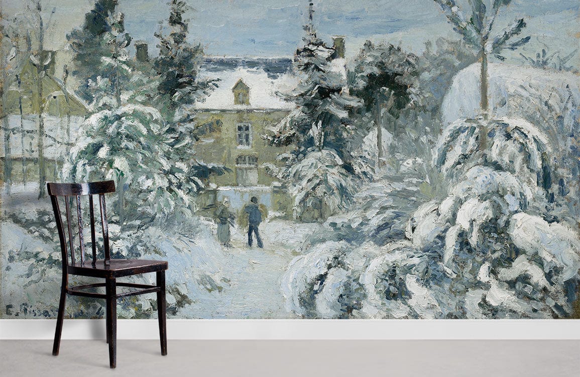 Winter Wonderland Snowy Landscape Mural Wallpaper in serene blue with black chair, grey flooring.