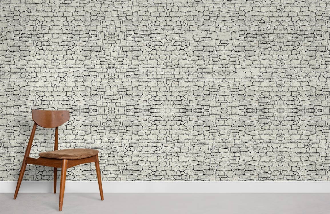 Rustic Grey Stone Texture Mural Wallpaper in modern interior with wooden chair, grey flooring.