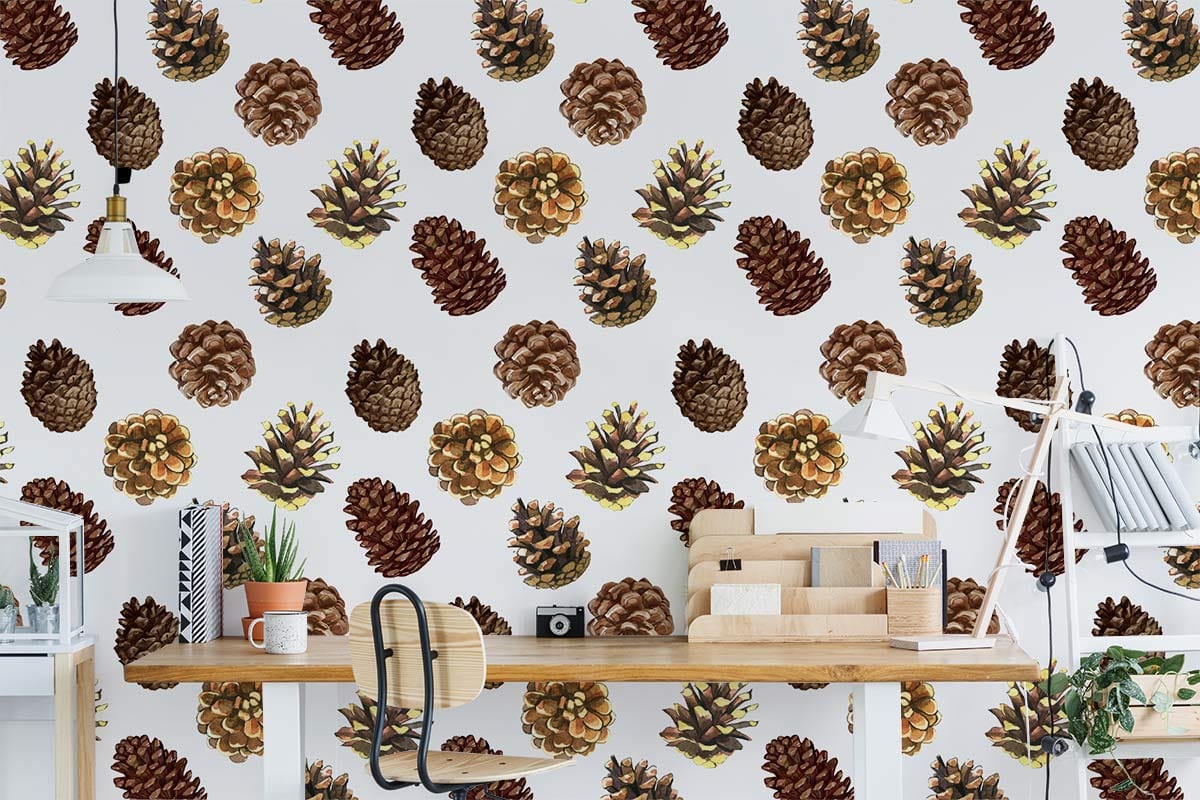 Pine Cone Pattern Wallpaper with rustic design, wooden desk, modern chair, and Scandinavian decor accents.