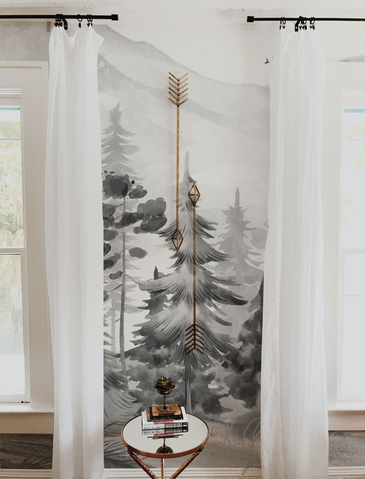 Monochrome watercolour forest mural wallpaper, tranquil nature theme, sheer curtains, round table, contemporary decor.
