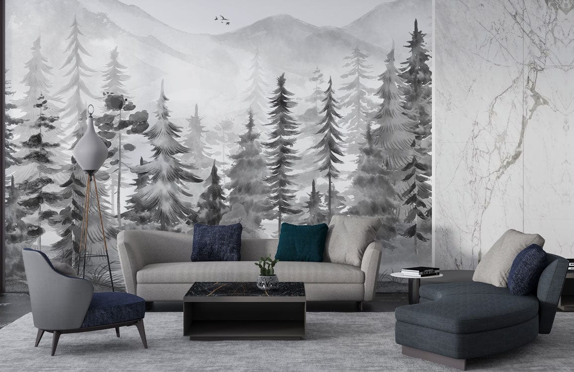Monochrome forest mural wallpaper, grey sofa, modern chairs, marble accent wall, serene living room decor.