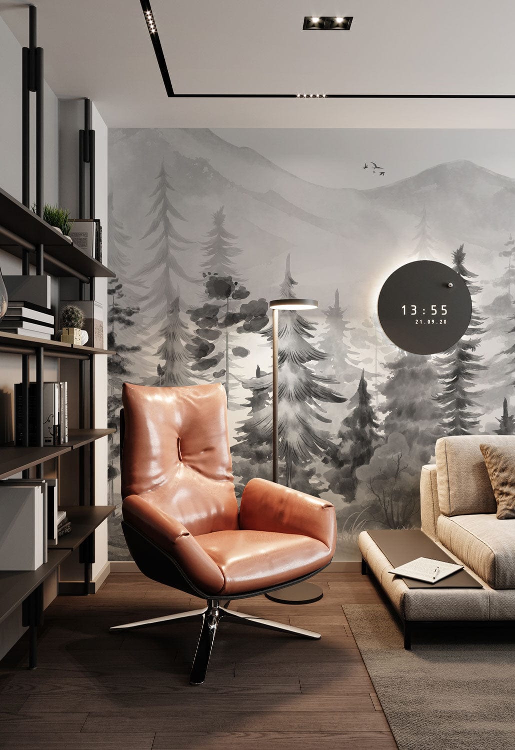 Modern living room with monochrome forest mural wallpaper, tan leather chair, beige sofa, wooden flooring.