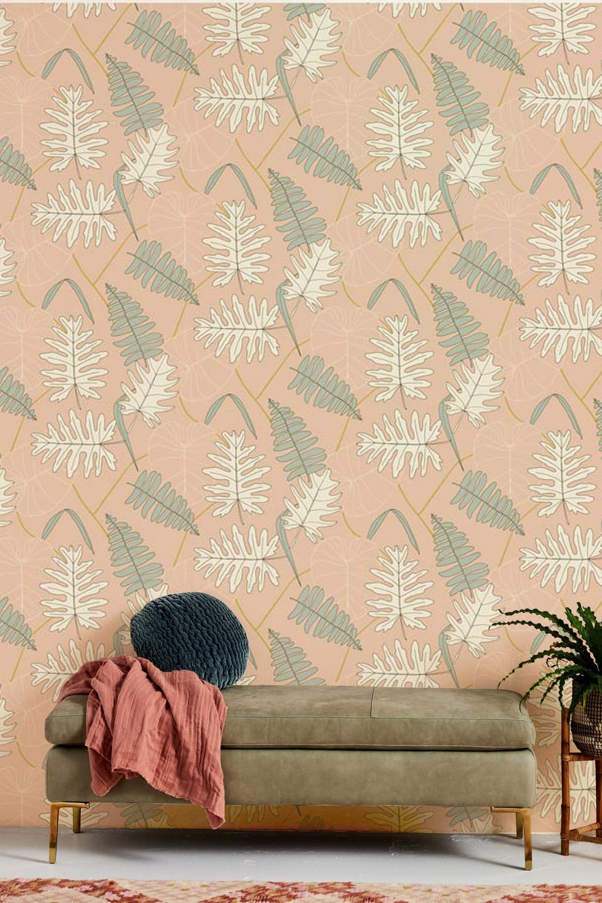 Vintage Botanical Leaf Pattern Wallpaper, soft peach and sage green, olive green sofa, modern decor.