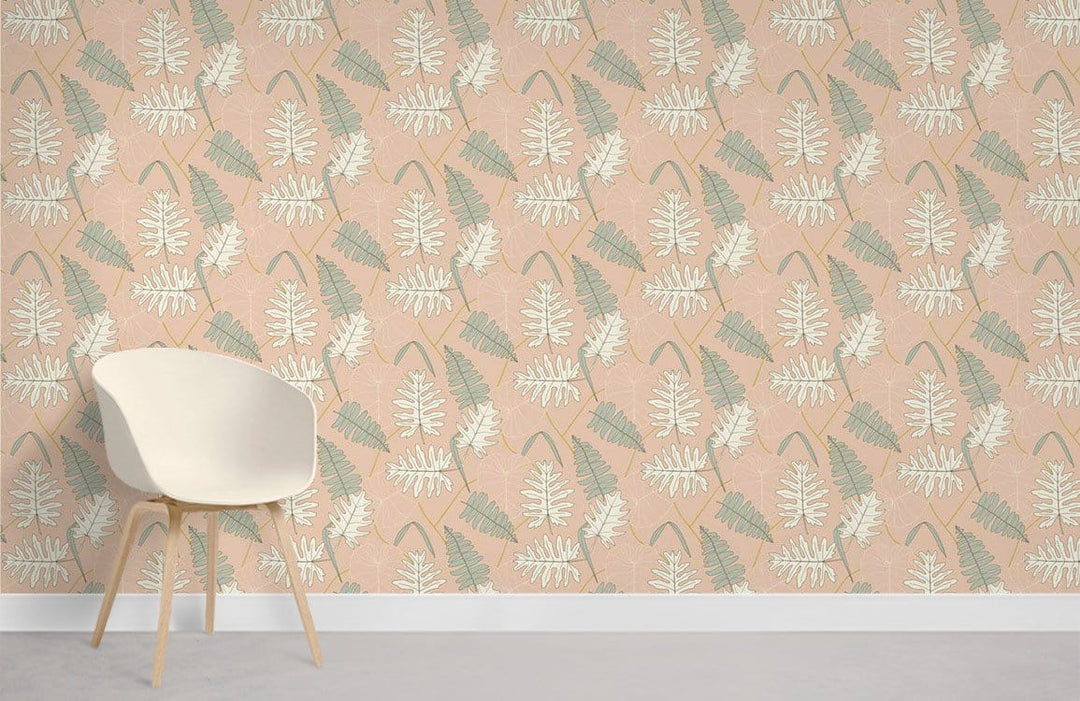 Vintage botanical wallpaper: soft peach and sage green, contemporary white chair, light grey flooring.